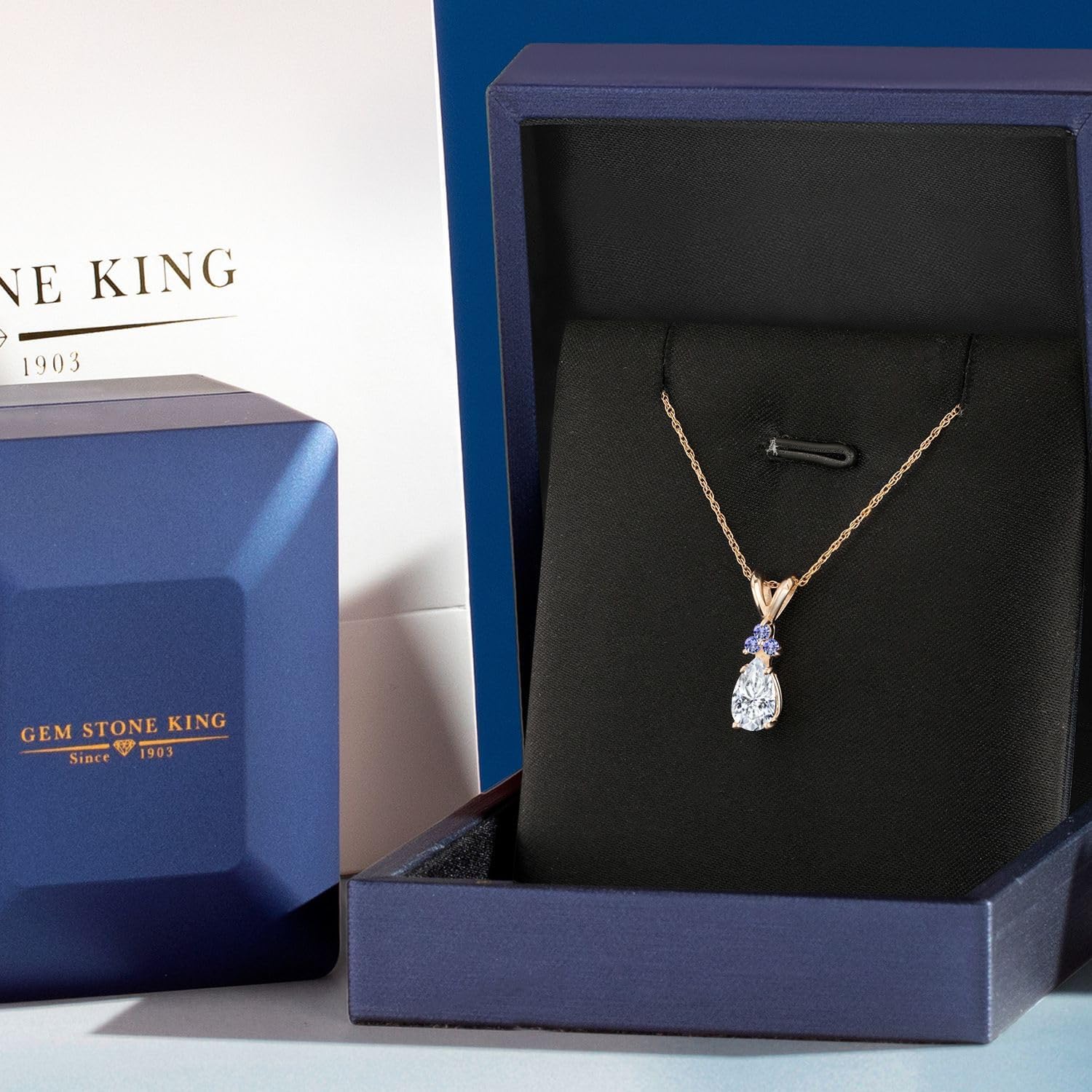 Gem Stone King 14K Yellow Gold White Moissanite and Blue Tanzanite Pendant Necklace for Women | 0.76 Cttw | Gemstone Birthstone | Pear Shape 7X5MM | With 18 Inch Chain - Image 5