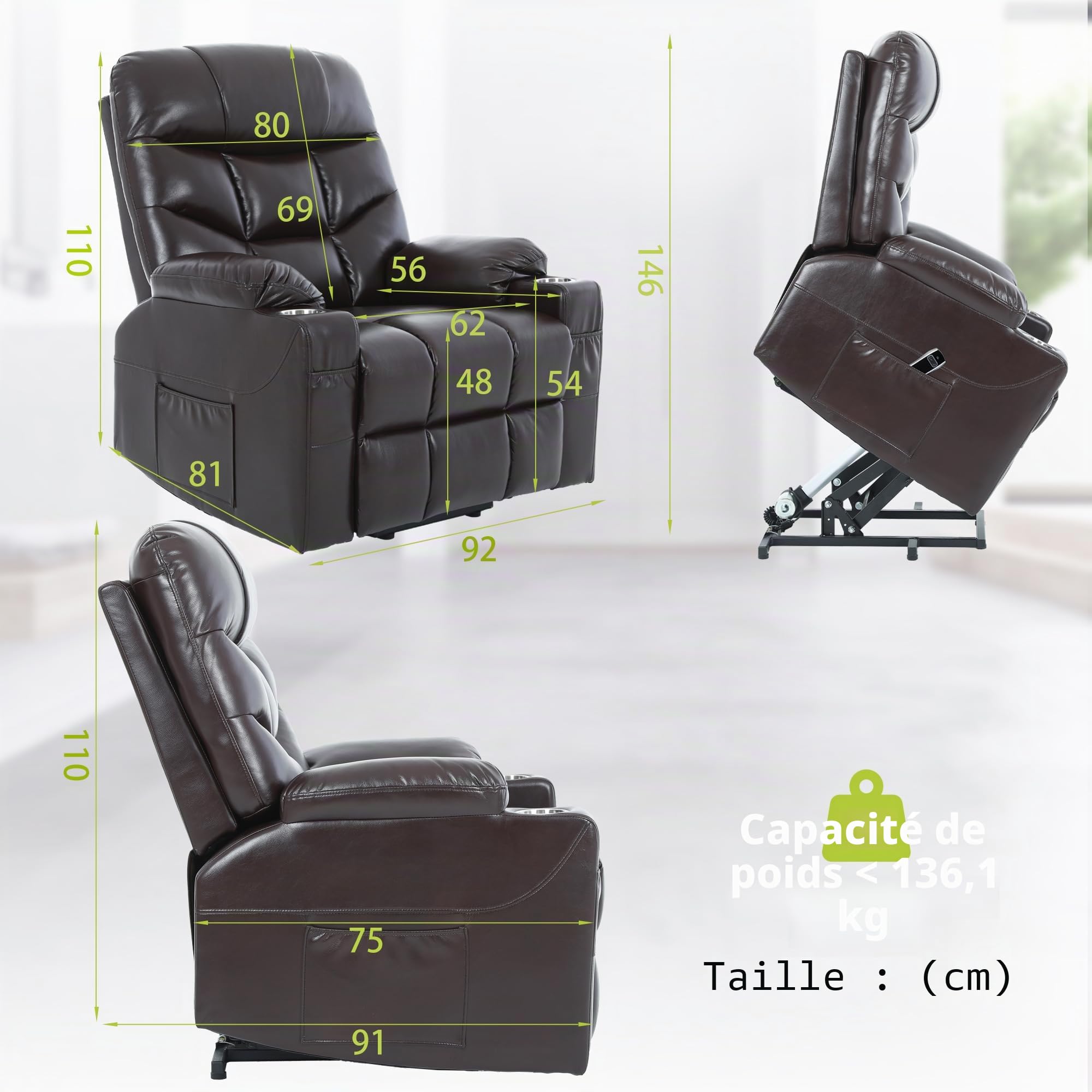 S*MAX Fauteuil Relax Electrique X Large PU Cuir Fauteuil électrique releveur pour Personnes âgées Fauteuil Relaxant pour Le Salon Poches latérales Port de Charge USB et télécommande Marron