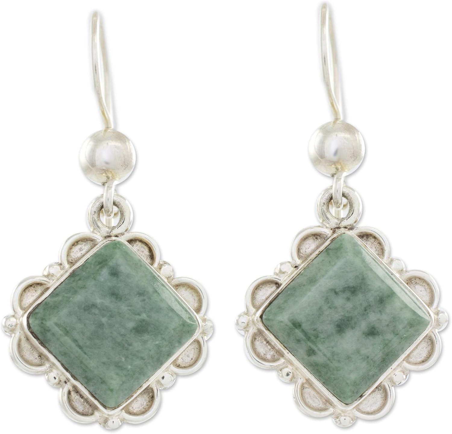 NOVICA Artisan Handmade Jade Dangle Earrings Silver Diamond Shaped Floral Light Green Sterling Guatemala Gemstone [1.5 in L x 0.8 in W x 0.2 in D] ' Light Green Floral Diamond'