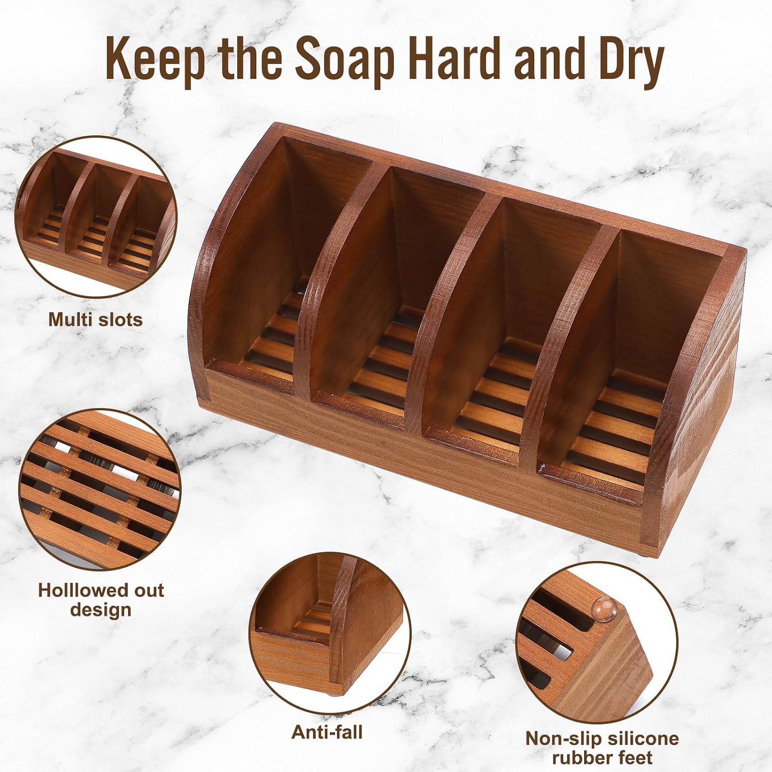 Natural Wooden Multi-bar Soap Holder 7.5 x 3.2 x 3.2 Inch for Shower, 4-Slot Self Draining Handmade Soap Dish, Bathroom Organizer for Bar Soaps, Keeps Bars Dry Longer image 4