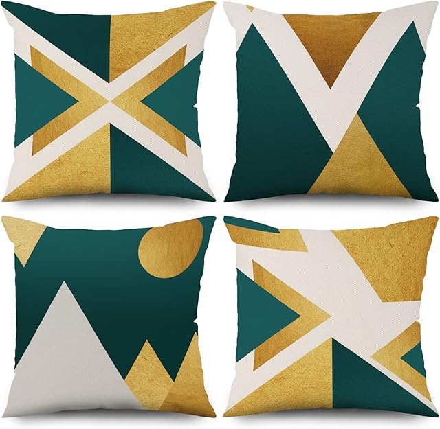 Baiyiguiyi Set of 4 Cushion Cover, Geometric Cushion Cover Modern Pillow Cushion Cover, Green And Gold Cushion Cover Decoration Imitation Linen Pillowcase Decoration For Living Room, 45 x 45cm