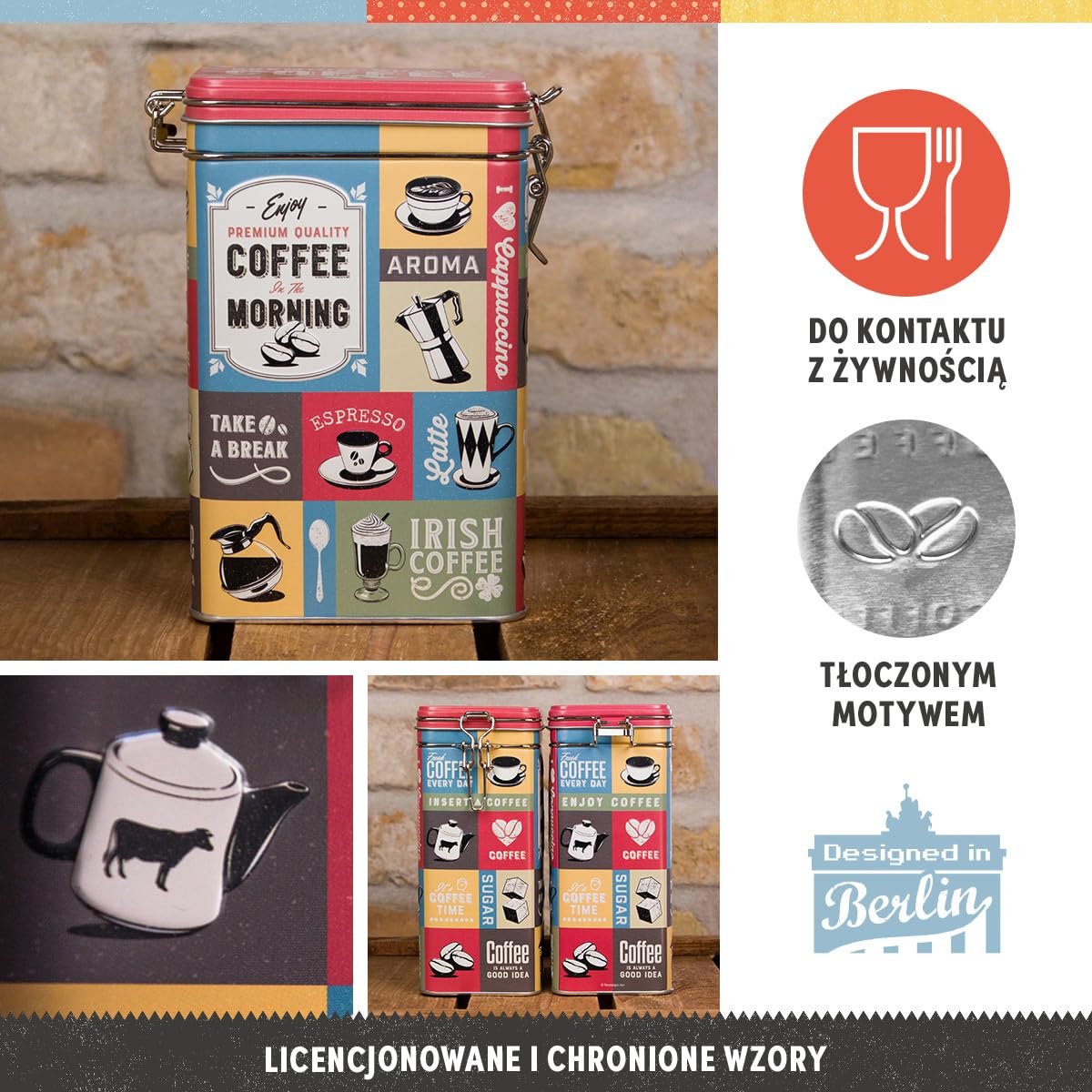 Nostalgic-Art Retro puszka na kawę, 1,3 l, Coffee Collage – Pomysł na prezent dla miłośników kawy, metalowy pojemnik z pokrywką aromatyczną, Styl vintage | Puszka blaszana z pokrywką aromatyczną, styl vintage, dekoracja do kawy, pomysł na prezent dla fanó