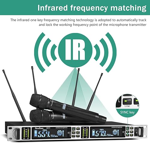 Miniatura 3 de Sistema de micrófono inalámbrico UHF, doble canal con 2 micrófonos de mano de metal, frecuencia alternativa de 200 canales, distancia de trabajo de