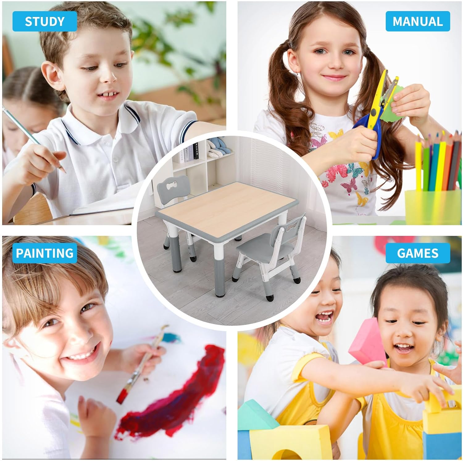 Collage of children using the UNICOO Kids Table and Chairs Set for various activities like studying, crafting, painting, and playing games
