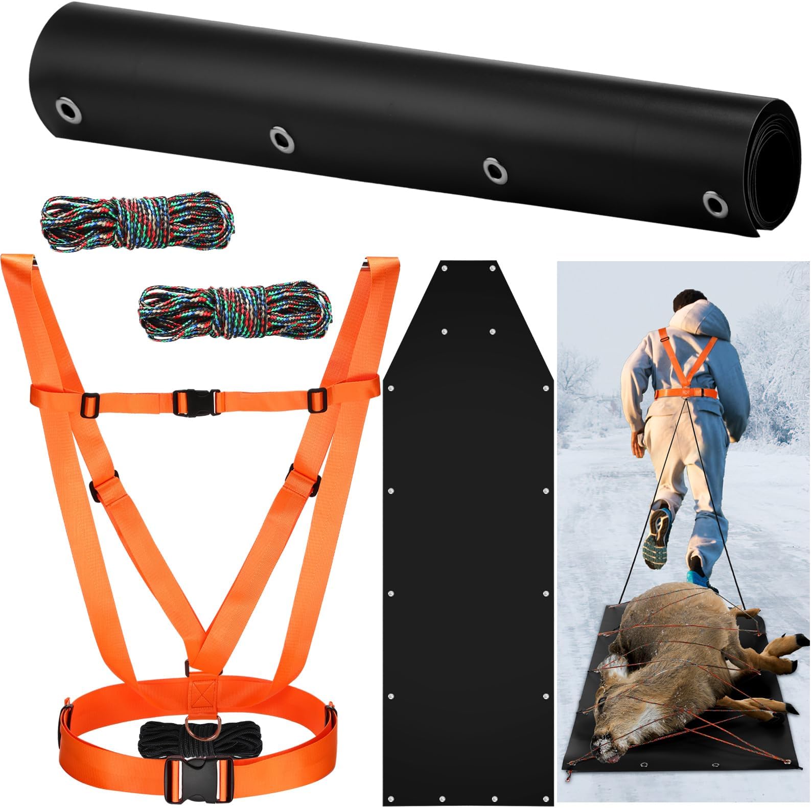 1 Pcs Dual Harness Deer Drag Harness and 1 Pcs Deer Drag Sleds Heavy Duty Deer Drag Strap with 2 Rope, Deer Hunting Equipment for Deer Hauling Elk Turkeys Game Animals (Black)