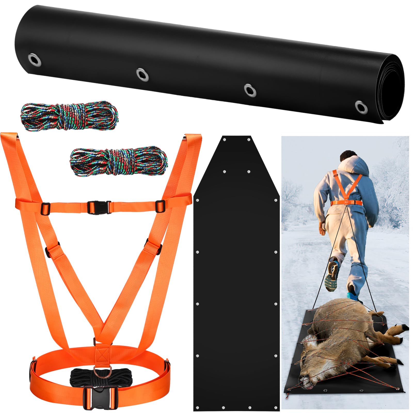 WinnerWhy 1 Pcs Dual Harness Deer Drag Harness and 1 Pcs Deer Drag Sleds Heavy Duty Deer Drag Strap with 2 Rope, Deer Hunting Equipment for Deer Hauling Elk Turkeys Game Animals (Black)