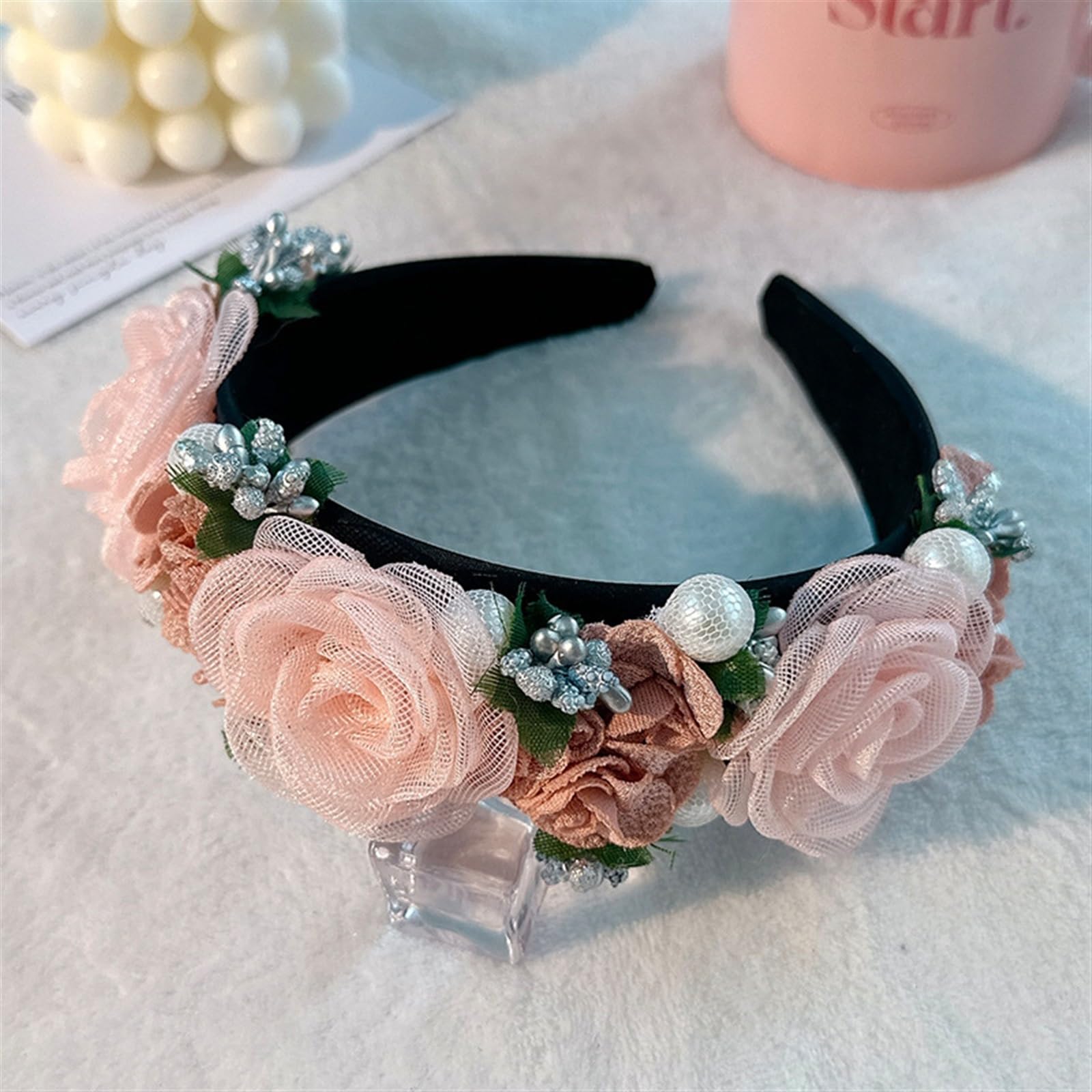 2026 Premium Fashion pink flower Fabric Headband Amazon.com: Pearl Rose Hair Band Fabric Fashion Mori System  main image 3