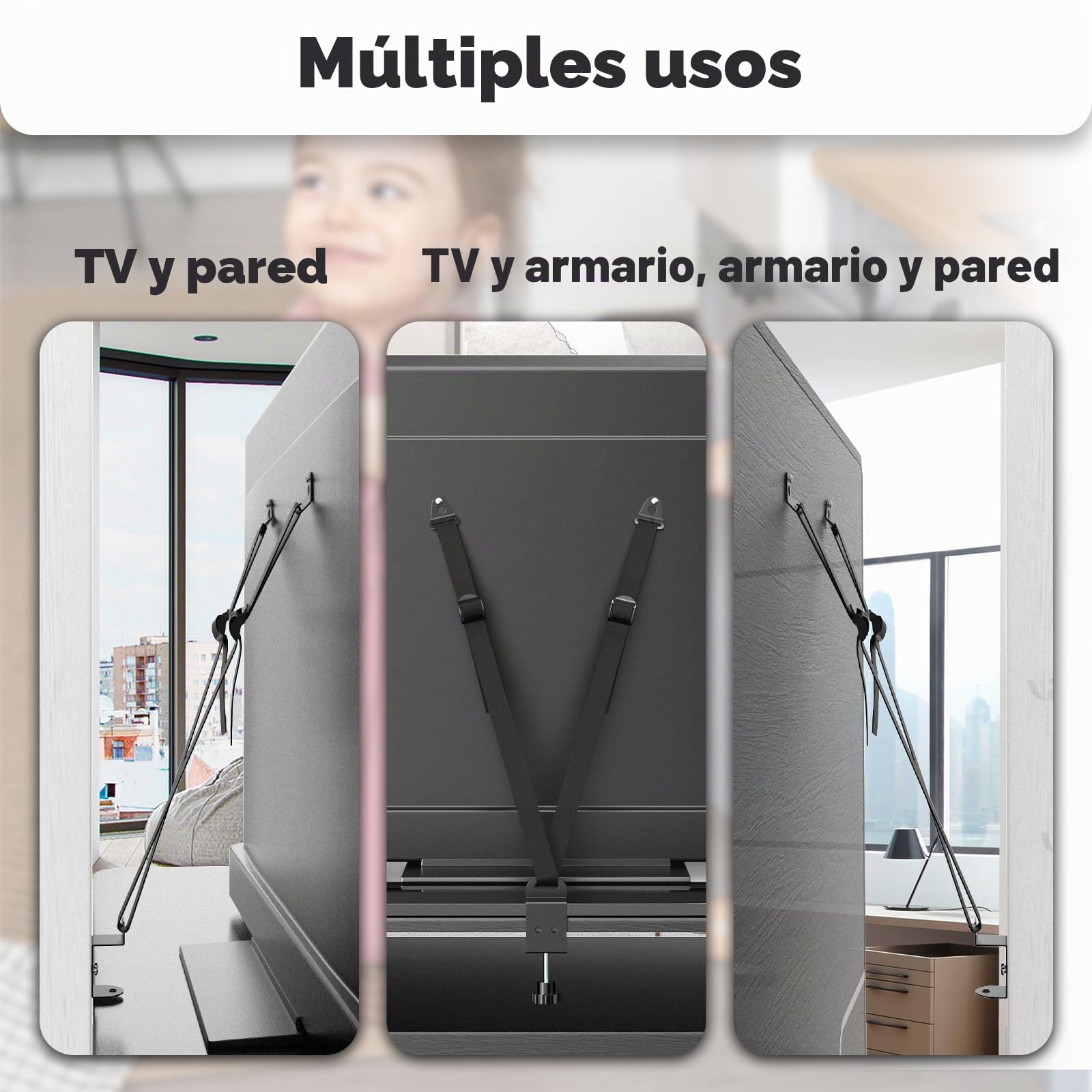 Joythink Correa de seguridad anti puntas para TV y muebles, ajustable, antipuntas, a prueba de bebés, conectores de metal para seguridad infantil, abrazadera VESA negra