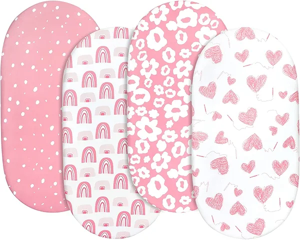 Gllquen Baby Bassinet Sheets 4 Pack, Breathable Cozy Fitted Mattress Sheet, Elastic Travel Crib Fashionable Floral Pattern, Standard Cradle Safe Sheets for Baby Boys Girls 32"x16"(Love)