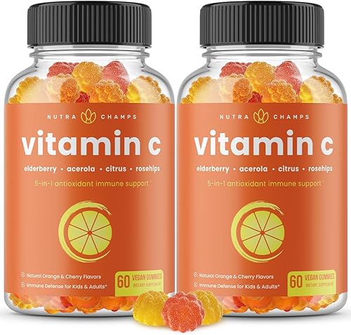 Gomitas de vitamina C para adultos y niños | Apoyo del sistema inmunológico 5 en 1 con saúco, rosa mosqueta, bioflavonoides cítricos y cereza de