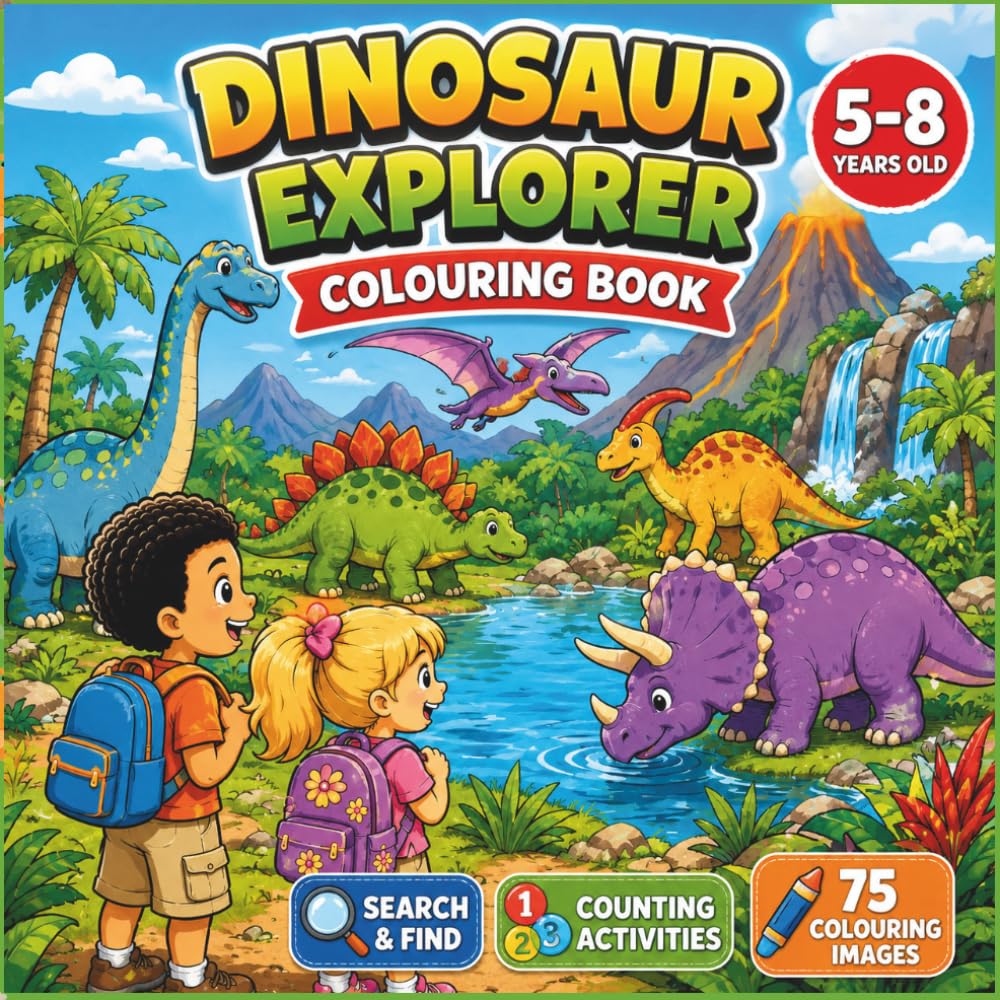 Dinosaur Explorer Colouring Book: Fun Prehistoric Adventures with Colouring, Search & Find and Counting Activities for Boys and Girls Ages 5–8 (Little Explorers Colouring Books)