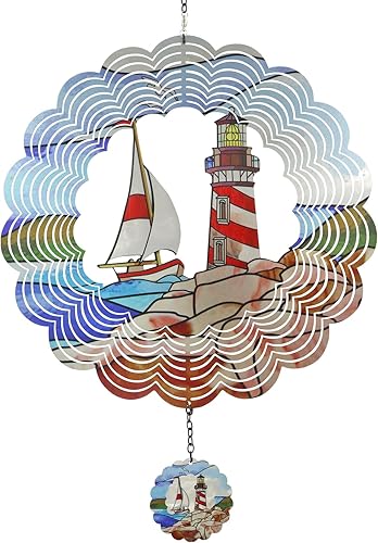 Lighthouse - Molinillo de viento 3D para colgar en metal cinético, decoración al aire libre, adornos de océano, decoración para patio y jardín