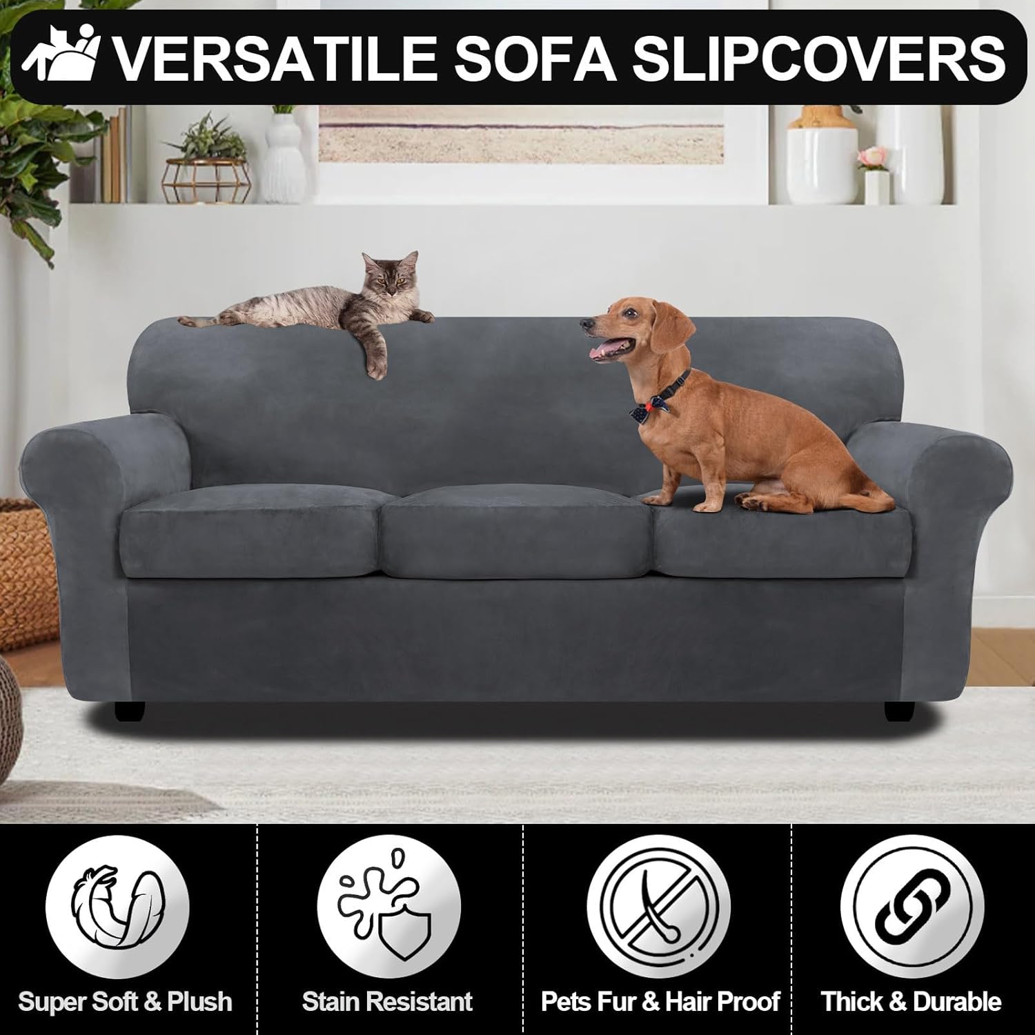 FestiCorp 4 Piece Velvet Sofa Cover, Couch Covers for 3 Cushion Sofas with Cushions, Stretch Slipcovers Thick Furniture Protector Dogs Pets, Sofa, Grey