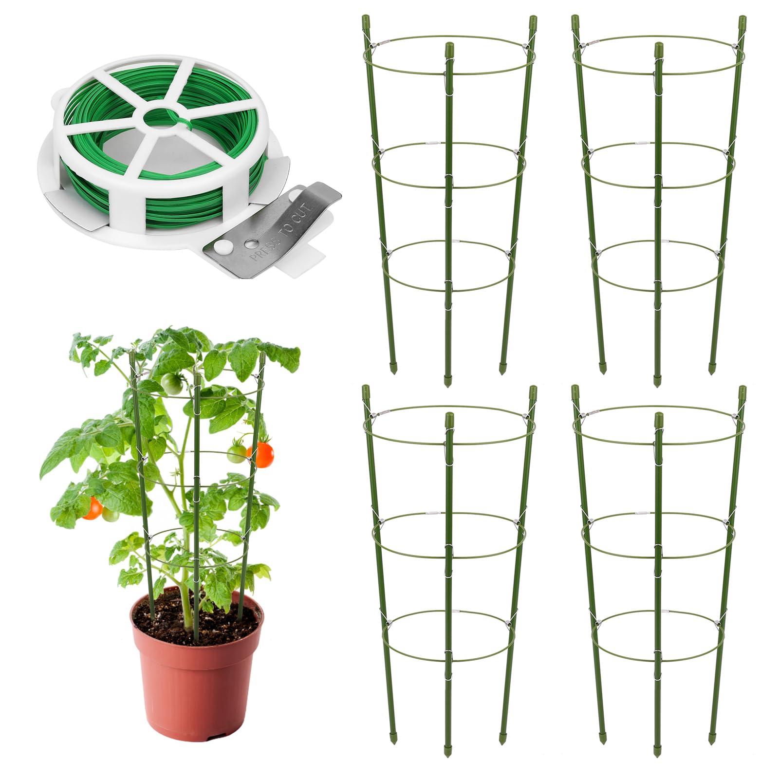 4 Pack Plant Support Tomato Cages Set for Garden & Twist Ties, 18 Inches Small Tomato Cages and Supports with Adjustable Rings for Garden Pots, Plant Stakes Tomato Trellis Rings for Climbing Plants