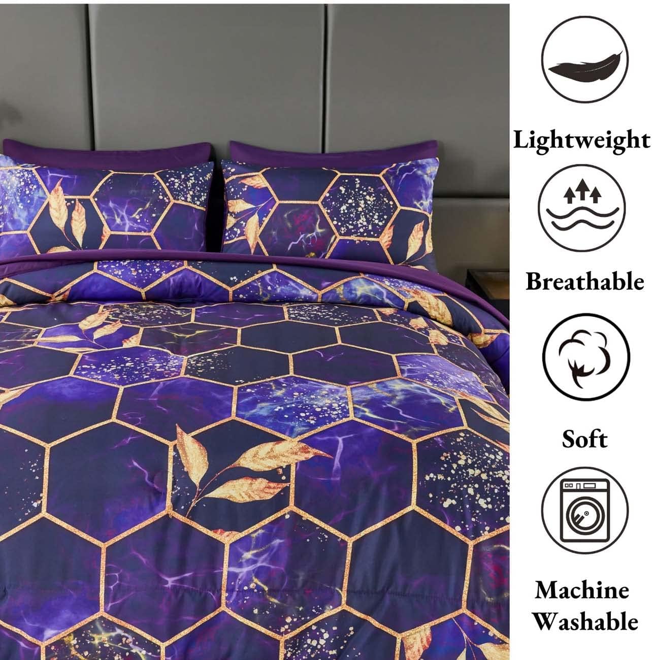 ANGIYUIN 7Pcs Mable Bed in A Bag Purple Gold Queen Comforter Set, 3D Geometric Honeycomb Theme Decor Yellow Leaf Bedding Set, Modern Foil Print Bed Sets with Comforter and Sheets (Purple Queen) - Image 6