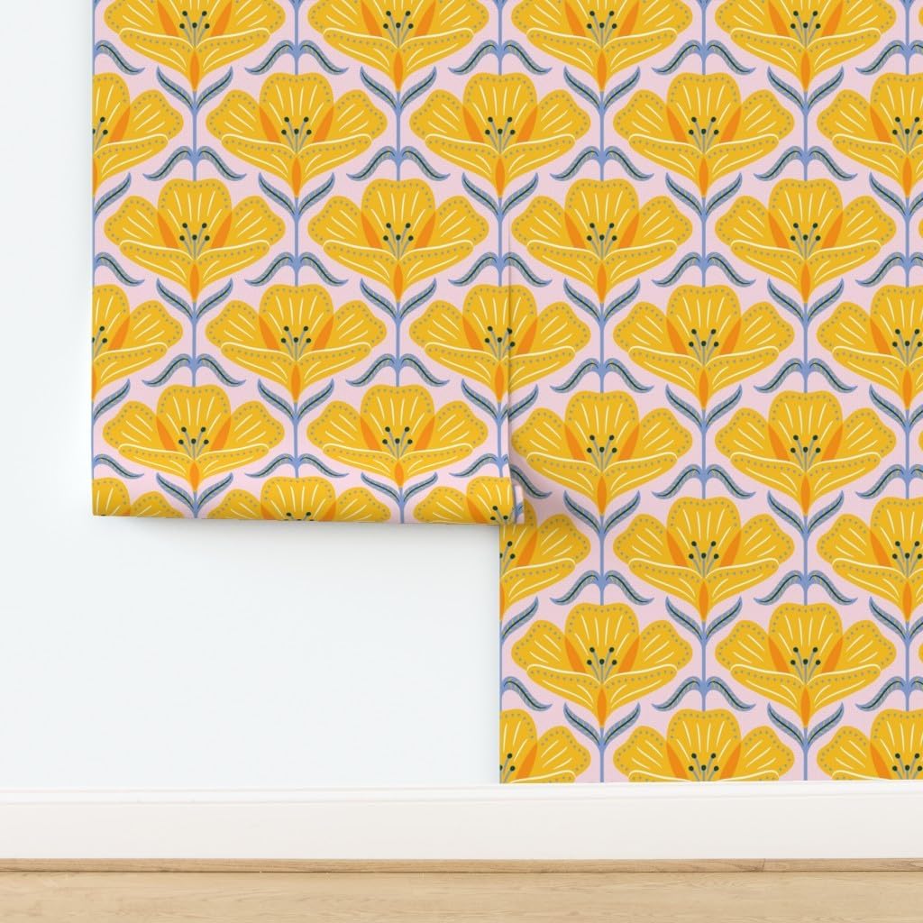 Peel & Stick Wallpaper Swatch - Maximalist Floral Large Scale Pink Orange Dopamine Decorating Scandinavian Botanical Seventies Custom Removable Wallpaper by Spoonflower