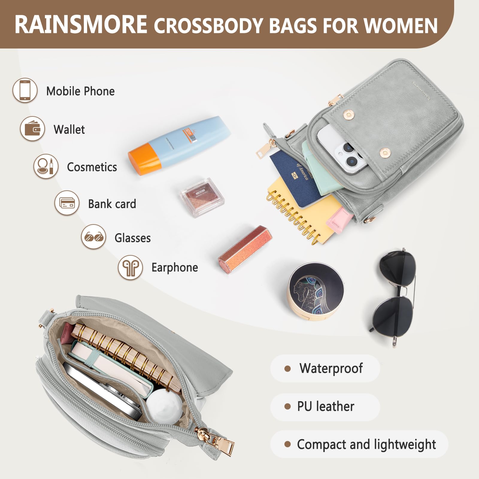 RAINSMORE Torba na telefon komórkowy do zawieszenia, skórzana, duża pojemność, torebka na ramię, damska torebka mała