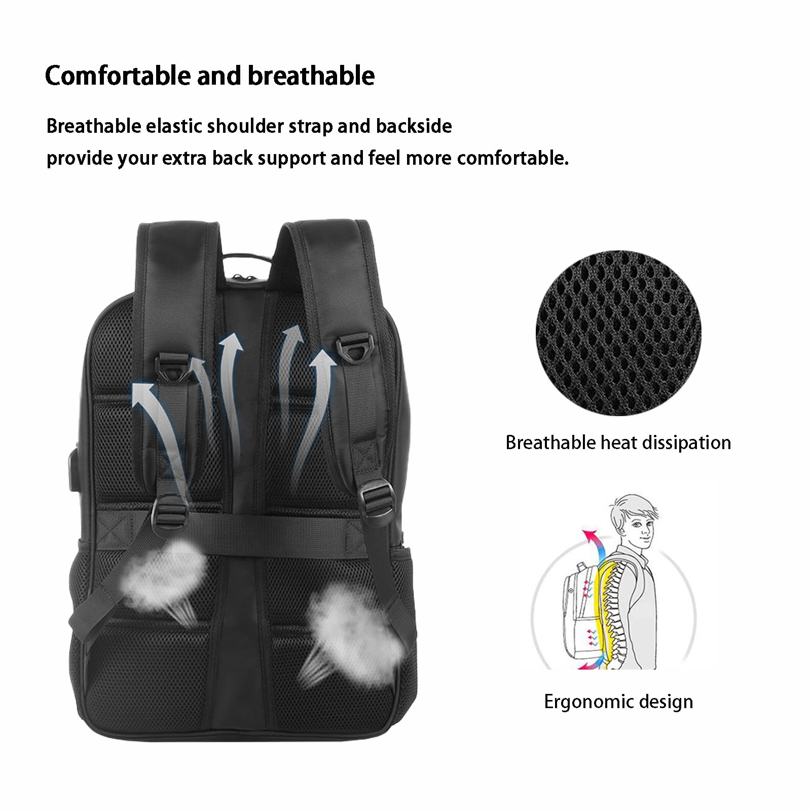 Zaino solare da 14 W, impermeabile, con ricarica USB intelligente, borsa ergonomica multifunzione per computer portatile, zaino da trekking all'aperto, perfetto per affari, corsa, ciclismo,