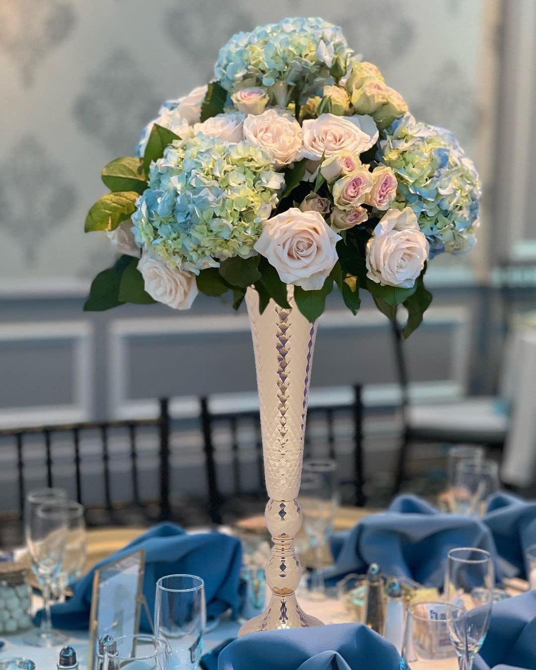 10 Pcs Gold Wedding Centerpieces, 20.5inch Metal Trumpet Vase Hammered Finish Flower Holder, Reception Party Event Home Decoration