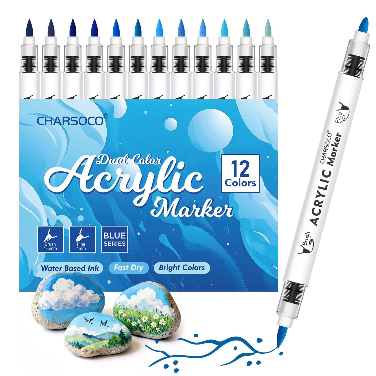 CHARSOCO Dual-Tip Acrylic Paint Pens, Blue Tones, 12 Colors, Brush and Bullet Point, for Rock Painting, Glass, Ceramic, Canvas, Stone, DIY Crafts