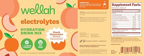 Miniatura 5 de Wellah Electrolytes Powder (Peach Clementine) 50 porciones - Mezcla de bebida hidratante, 7 vitaminas y minerales, cero azúcar