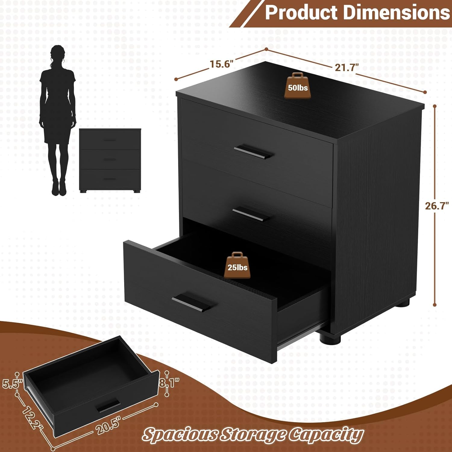 Aheaplus 21.7" Closet Drawers, Wood Closet Organizers and Storage with 3 Drawers, Closet Drawers Organizer System, Nightstands with 3 Drawers Storage for Bedroom, Black