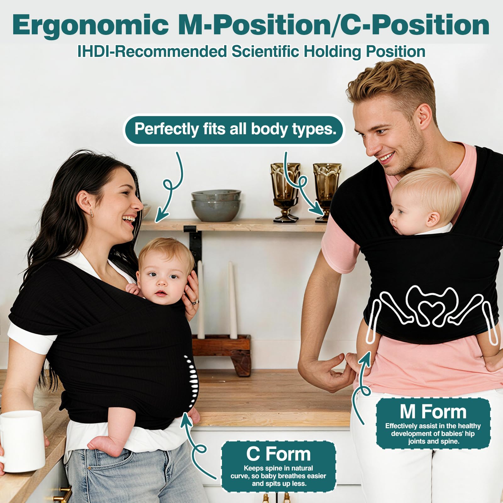 Fular Portabebé para recién nacidos, Pañuelo Porteo Ergonómico, Bufanda de transporte manos libres ligera, Porta Bebés de Tela Suave y Elástico, Fular Porteo Mochila multiusos apropiada hasta 15 kg - 4