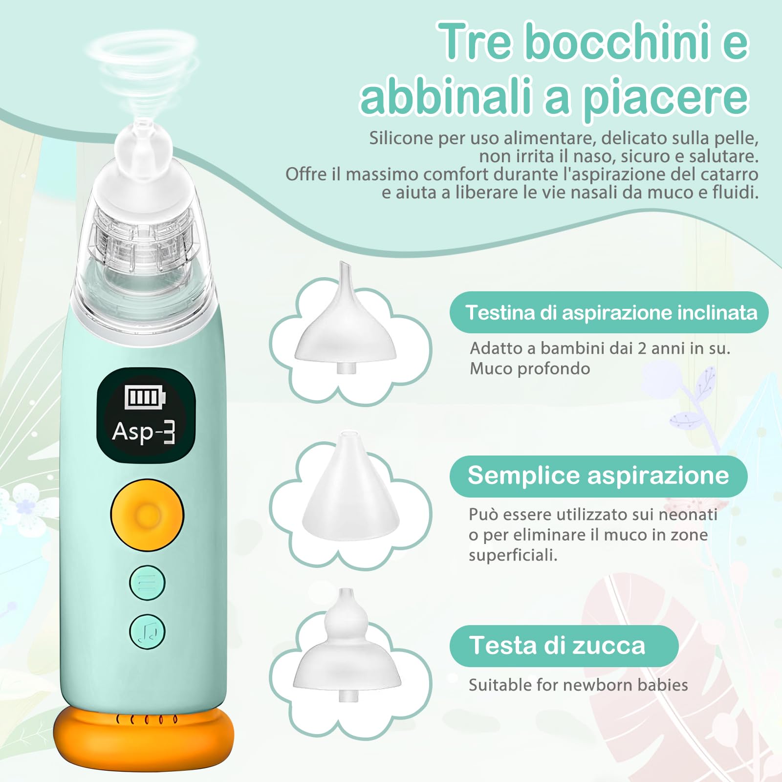 Aspiratore Nasale Elettrico per Neonati, 3 Livelli di Aspirazione, Punta in Silicio Morbida, Silenzioso, Antiritorno, Luci LED e Musica Rilassante,Aspirazione Sicura 25–60 kPa per Bambini e Neonati