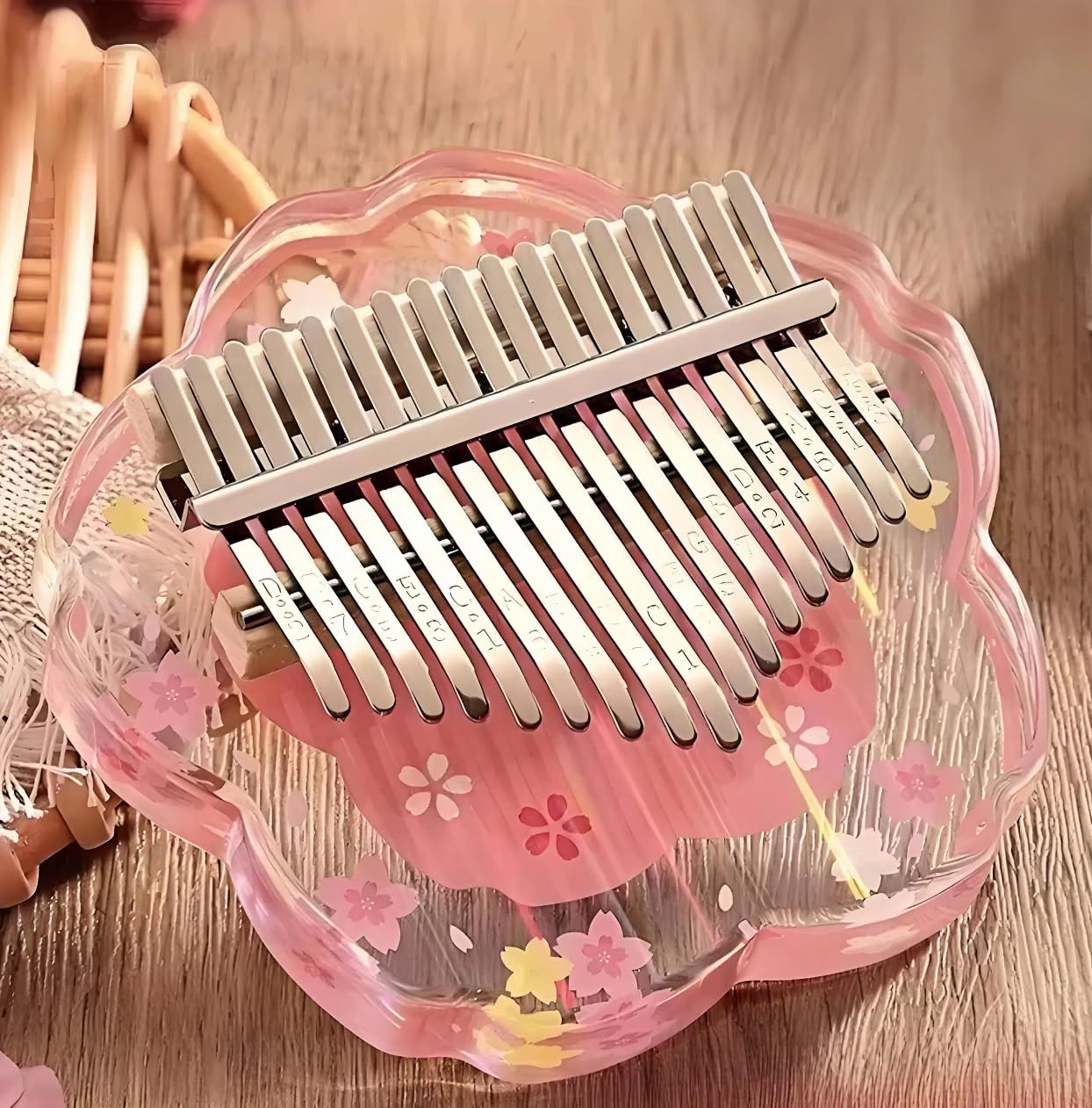 Kalimba Daumenklavier 21 Töne mit Schutzcase Komplett-Set, Sakura-Form Transparentes Kristall-Kalimba 17 Töne, Professionelles Musikinstrument für Anfänger (Rosa, L)
