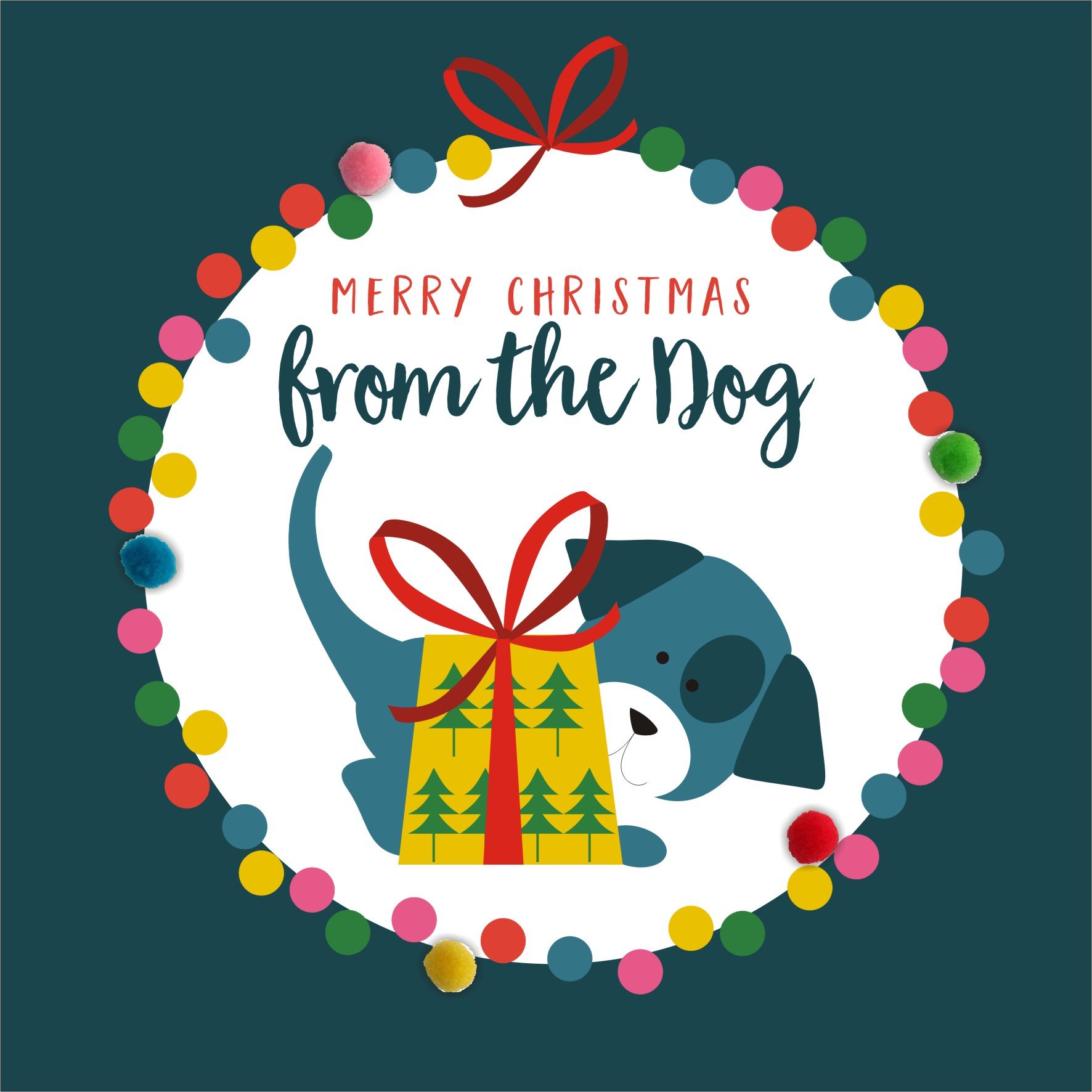 Claire Giles Greeting Cards, Happy Christmas From the Dog Card, Bauble design xmas Greeting Card, Embellished with colourful Pompoms