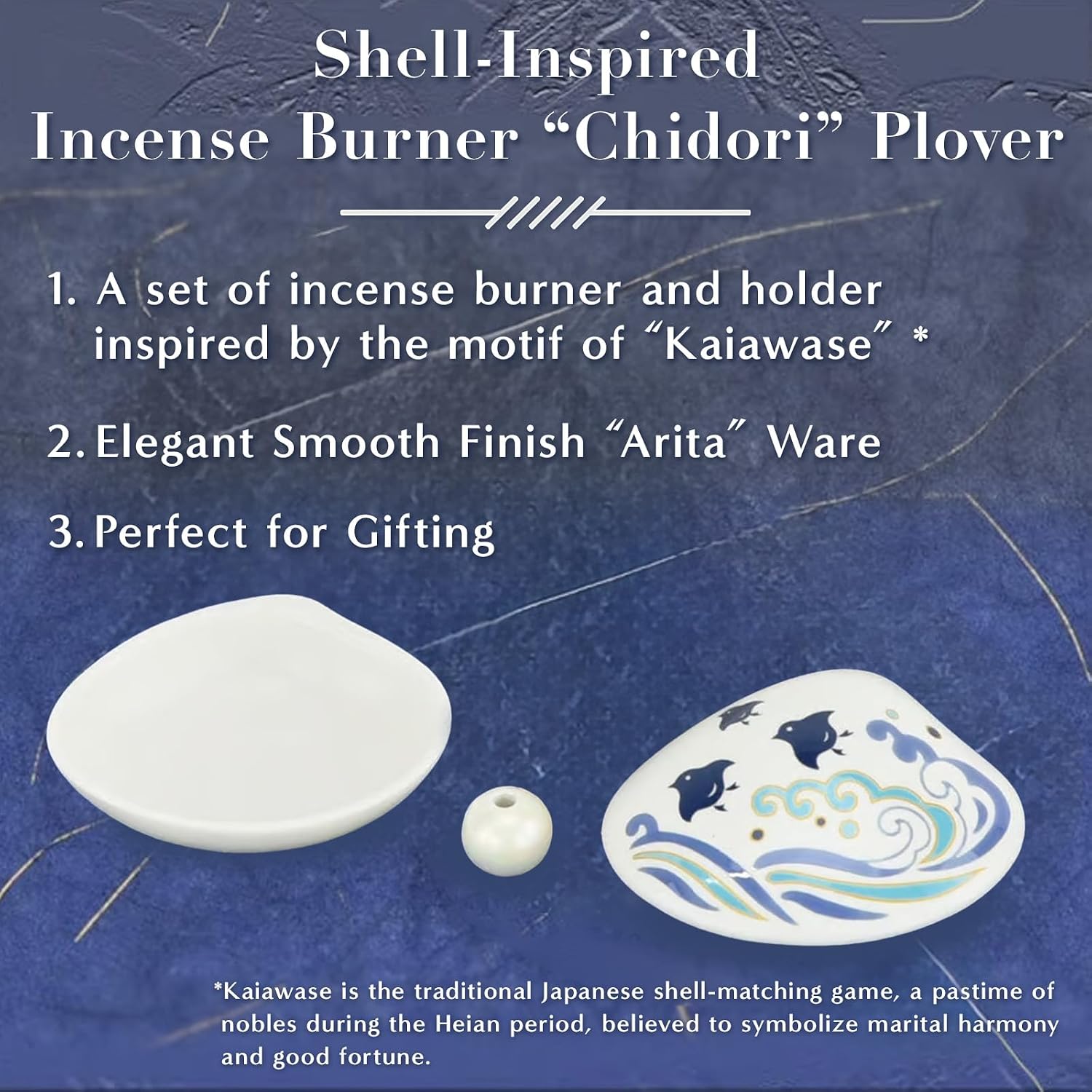 Hasegawa Shell Incense Dish & Holder Set: Heian-Inspired Kaiawase Motif - White with Blue Waves, Pearl-Like Incense Holder - Ideal Gift, Doubles as Decor - Porcelain