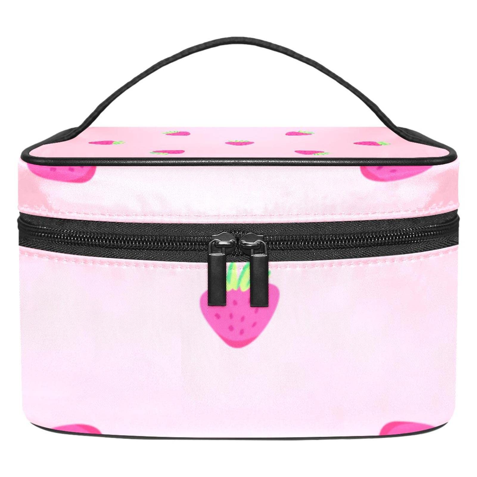 Sac à cosmétiques rose imprimé fraise avec zip robuste - 8