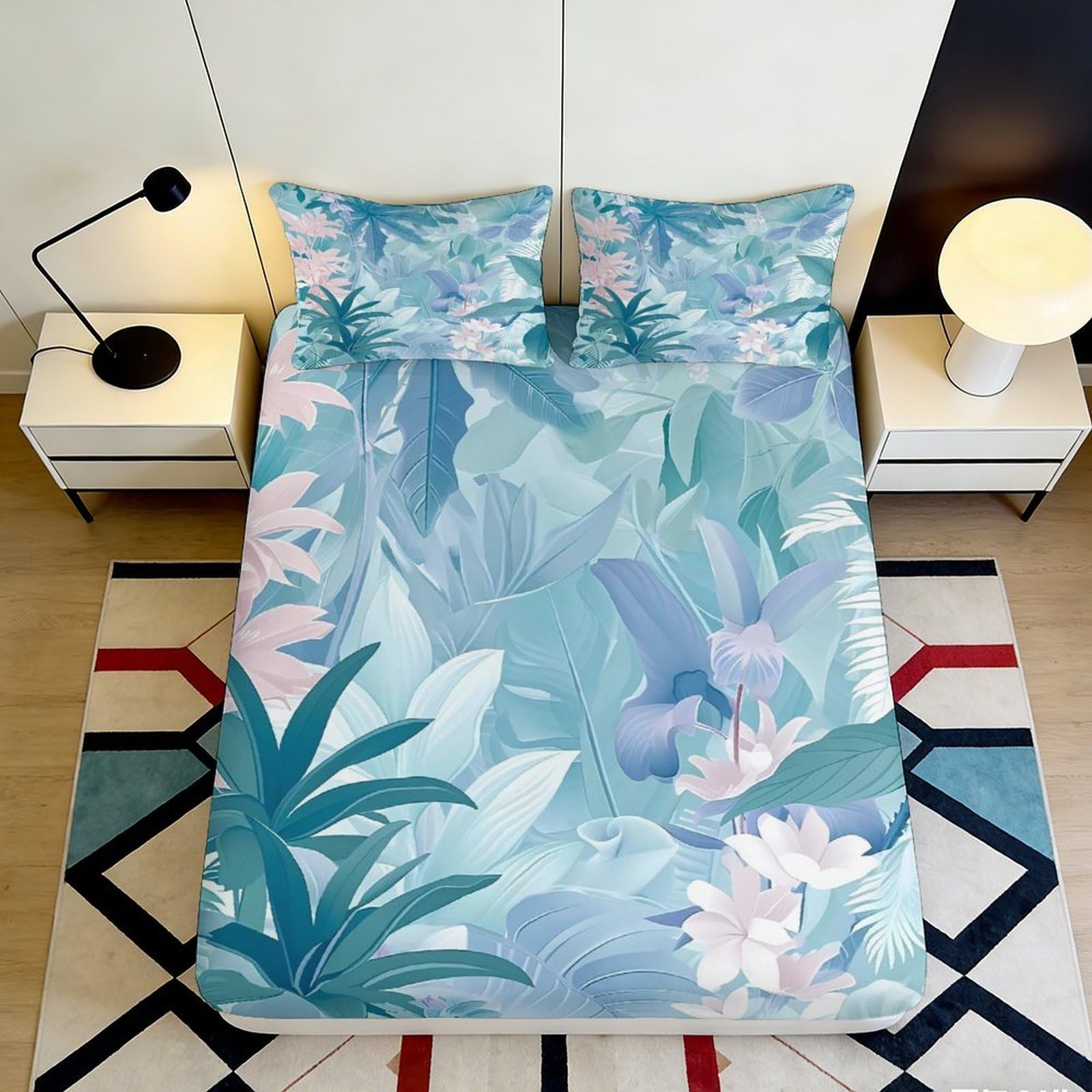 3D Printed Tropical Botanical Fitted Sheet Microfiber Soft Breathable Jungle Leaves Mattress Cover for Bedroom Dorm Mattress Protector Decor 140x200x25cm