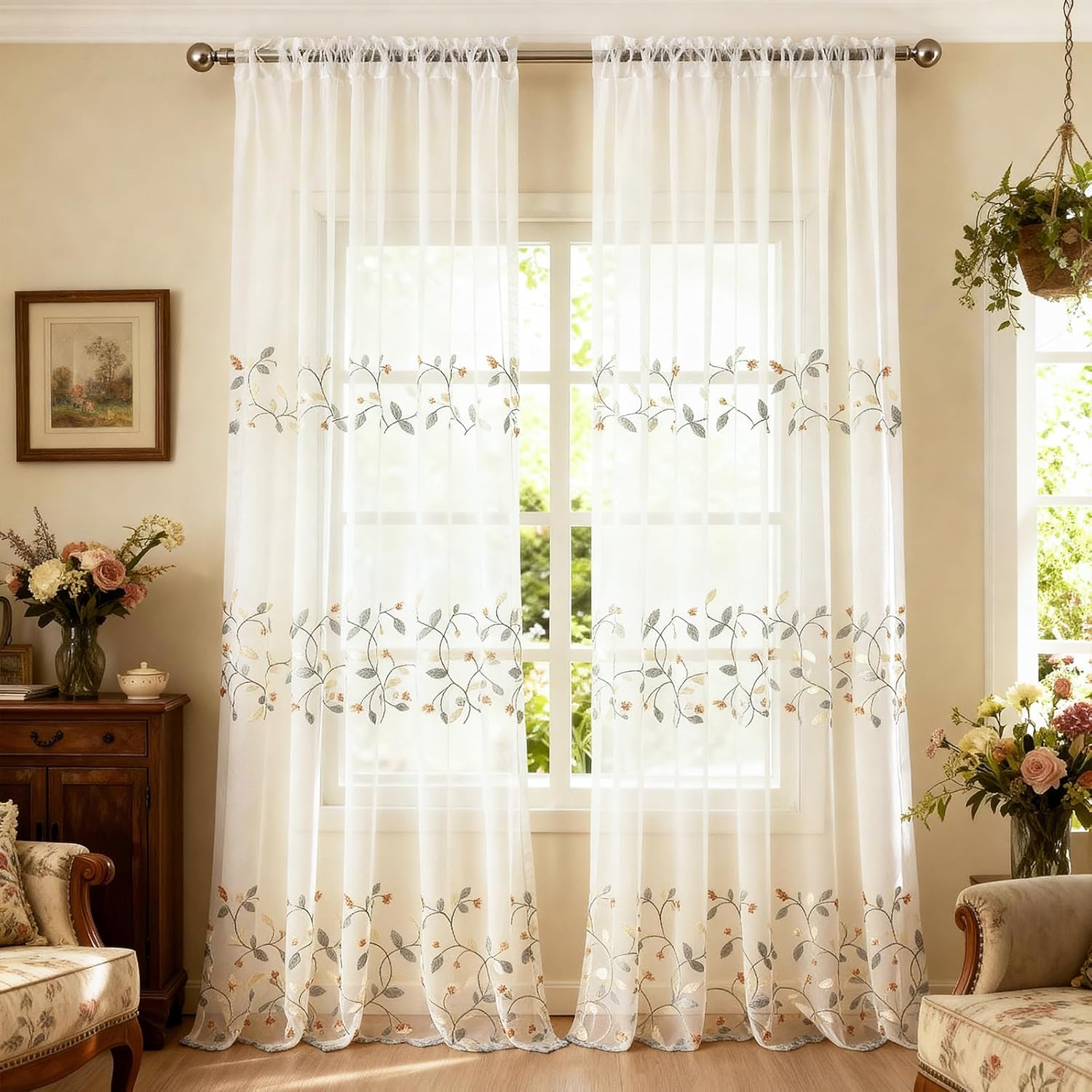 VOGOL Sheer Curtains 84 Inches Long, Raspberry Floral Embroidered Voile Drapes for Living Room, Country Style Light Filtering Window Treatment, 2 Panels, 52 x 84 Inches