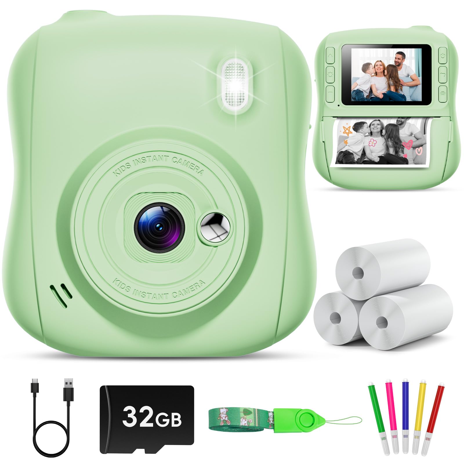 Hangrui Kinderkamera Sofortbildkamera, 14MP Sofortbildkamera Kinder mit 32G Karte & Druckpapier, 1080P Kamera Kinder Sofortdruck mit Farbige Stifte, Geschenk für 3-12 Jungen und Mädchen-Grün