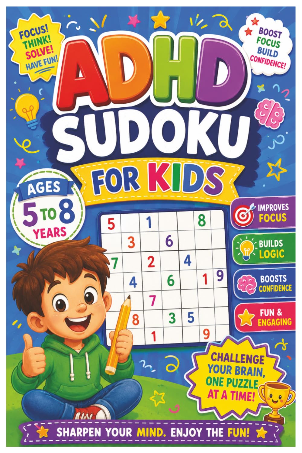 ADHD SUDOKU FOR KIDS: Sudoku Puzzle for ADHD KIDS | IMPROVES FOCUS | THINK SOLVE SHINE | 6x9 inches, 110 pages | 55+ Puzzles | Solutions Included by DRS Global Publishing