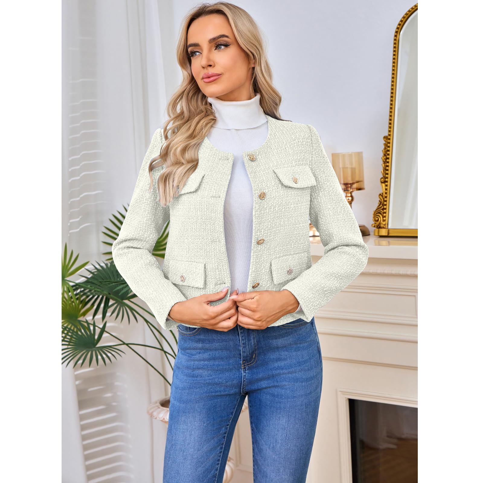 Blazers en tweed pour femme - Manches longues - Boutonnés - Courts - Décontractés