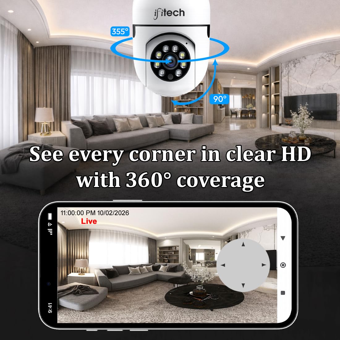 IFITech FTY HD Smart Wi-Fi CCTV Security Camera | Indoor 360° Pan & Tilt Home Surveillance Camera | Bulb Camera | Supports up to 256GB microSD Card (Not Included) | Ideal for Home & Office | Standard — Amazon image 3