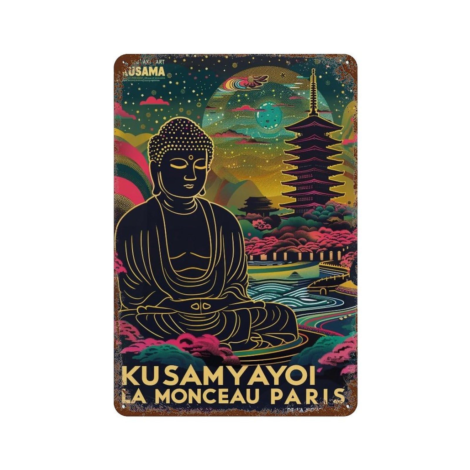 YHGERTKU Yayoi Kusama Buddha Landscape 02 Wall Art Retro Iron Vintage Metal Tin Sign Poster Modern Decor for Living Rooms Gift 30x20cm
