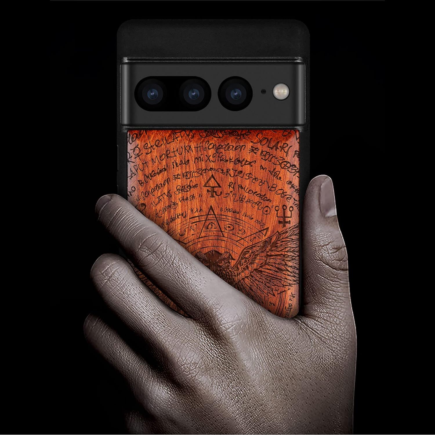 Carveit Wood Case for Pixel 7 Pro Case [Natural Wood & Black Soft TPU] Shockproof Protective Unique & Classy Wooden Cover Compatible with Google Pixel 7 Pro (owl and Skull-Rosy)