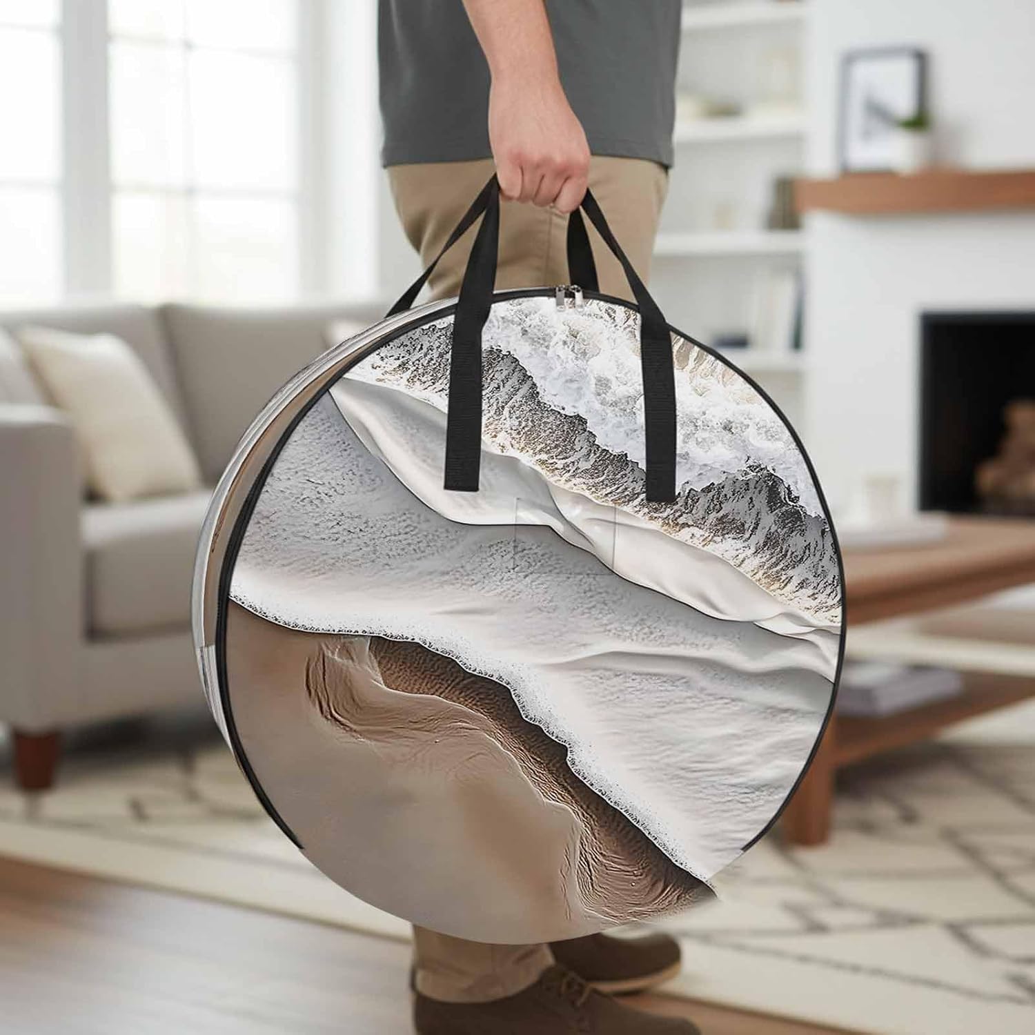Beach Ocean Wave Round Storage Bag 36 Inch, Abstract Art Coastal Brown Gradient Clothes Storage Container with Handles Heavy Duty Organizer for Comforter, Bedding & Holiday Wreaths
