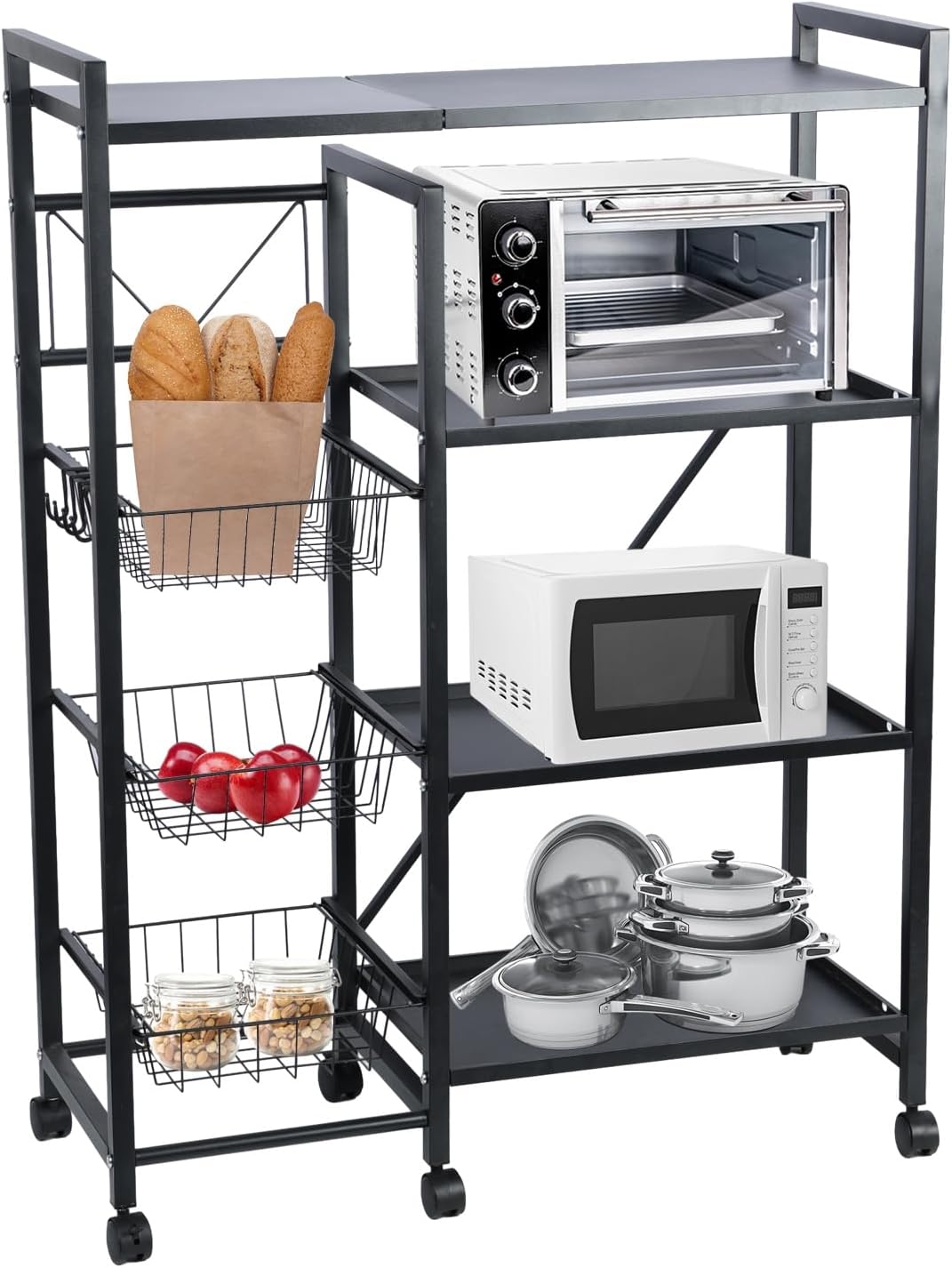 4 Tier Shelving Unit with Wheels Kitchen Shelves Baker Rack with 3 Dish Drying Rack and 4 Steel Side Hooks Medium Storage Organizer for Home Garage Shed and Laundry Room Black 80