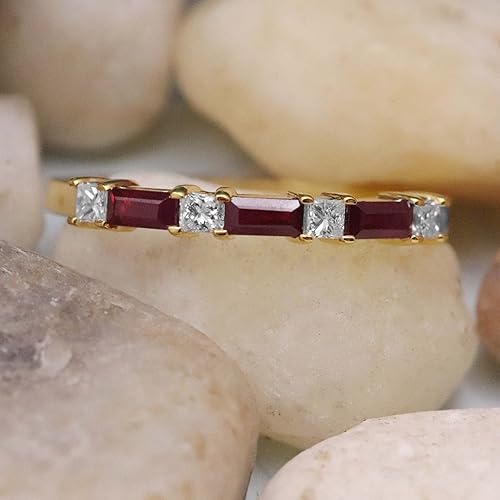 Miniatura 2 de Dazzlingrock Collection Valentine's Day Gift 4x2mm Baguette Gemstone & Princess White Natural Diamond Alternate Wedding Band for Women in 14K Yellow