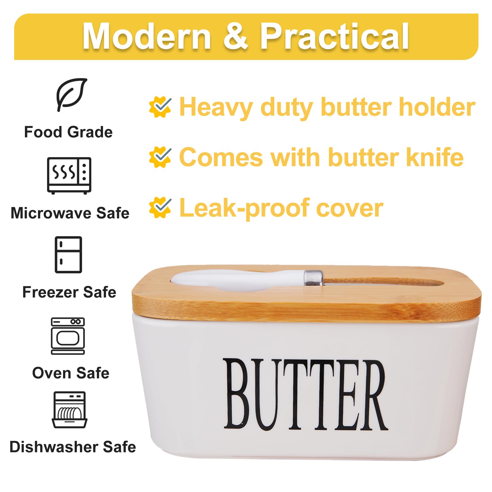 Kitchenexus Ceramic Butter Keeper with Bamboo Lid & Steel Knife - Porcelain Bowl Holder Perfect for West or East Coast Butter 4