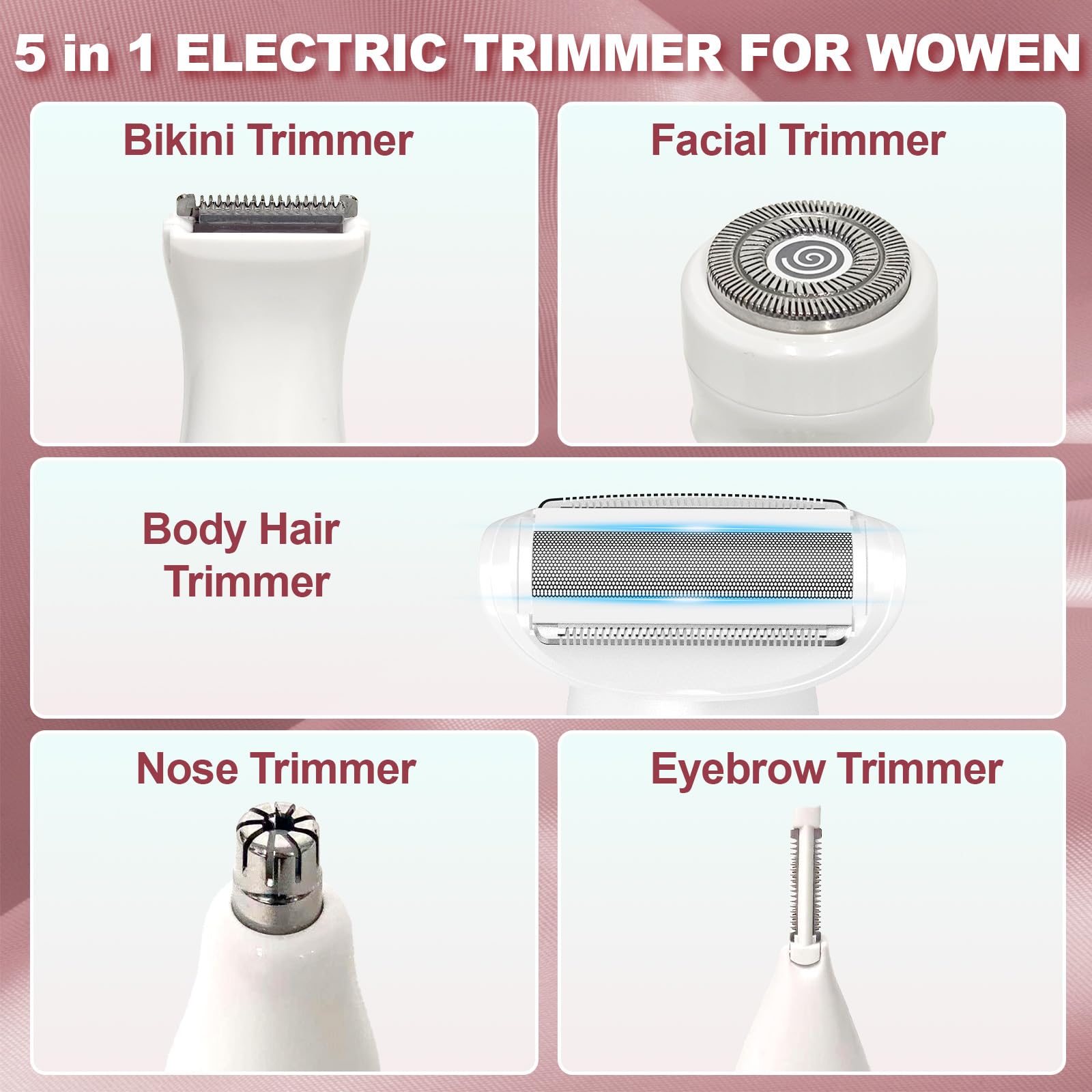Rasierer Damen Elektrisch 5 IN 1, Intimrasierer für Frauen, Gesichtshaarentferner für Frauen mit USB-Ladestation, IPX7 Wasserdicht Damenrasierer Elektrisch für Intimbereich, Körper, Augenbrauen, Nase