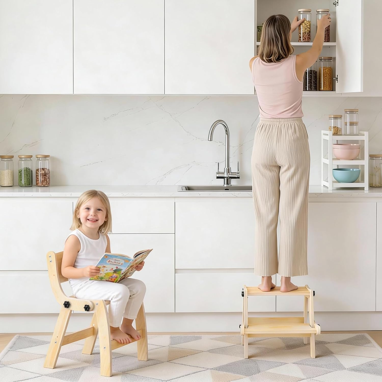 Toddler Step Stool, Foldable Step Stool for Kids, Convert to Chair, Toddler Stool for Bathroom Sink & Potty Training, Wooden Step Stools w Non Slip Base for Kitchen, Bedroom - Image 7