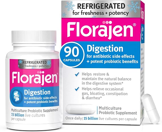 Florajen Digestion Probiotic - Advanced Relief for Gas, Bloating, Constipation - With Lactobacillus for Gut Health, Regularity, Balanced Flora - Refrigerated for Potency & Freshness - 90 Capsules