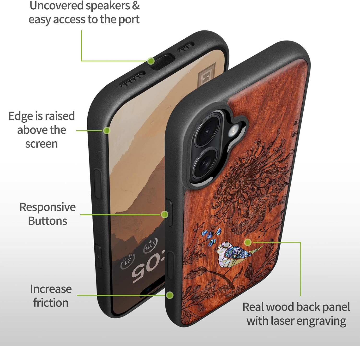 Carveit Magnetic Case for iPhone 16 Plus Case, Wood Artisan Engraved & Handmade Shell Inlaid, TPU Shockproof Cover, Compatible with MagSafe Wireless Chargers (Flowers and Bird) Rosy