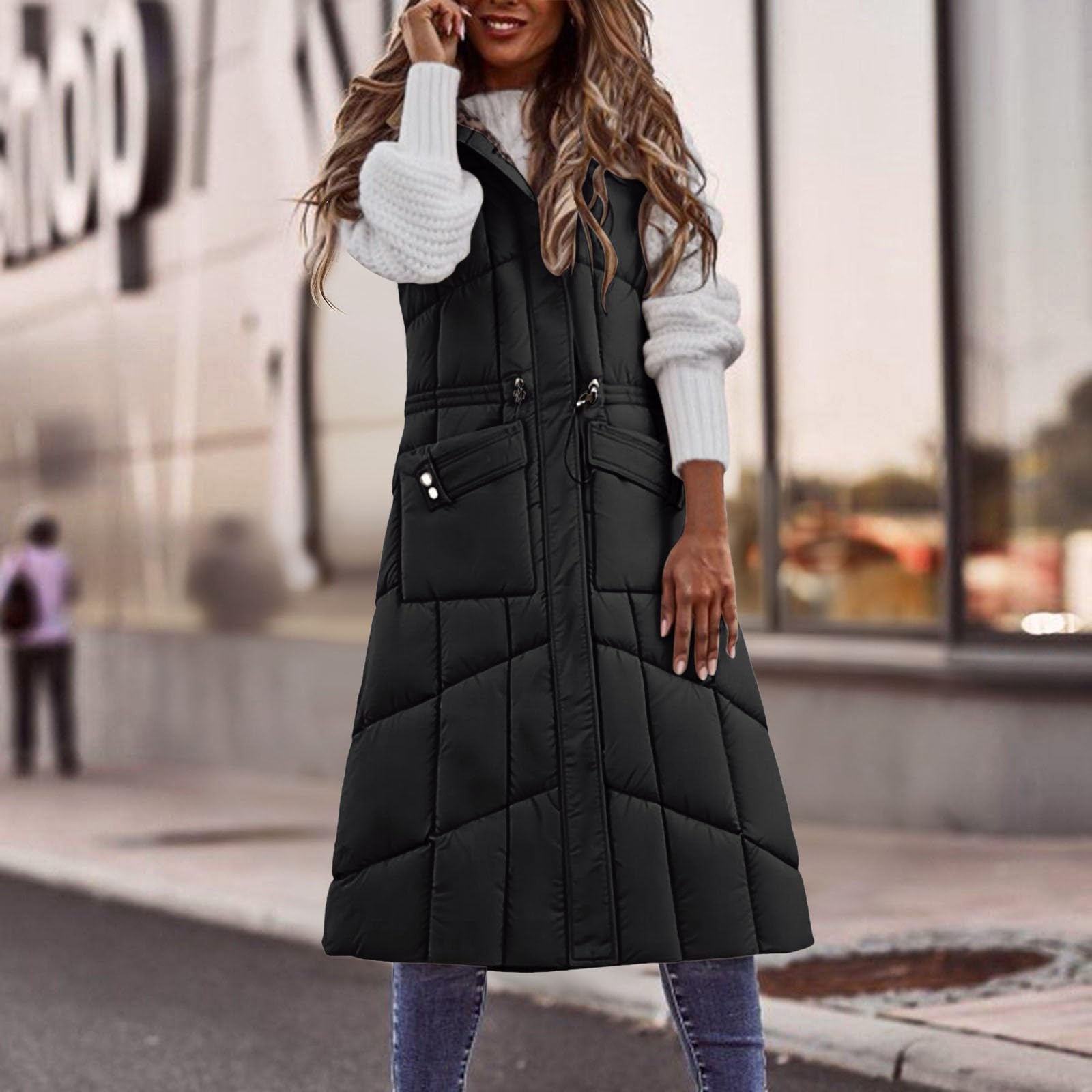 acolchado largo para mujer con cordón en la cintura, chaqueta sin mangas con capucha para un invierno cálido y elegante.