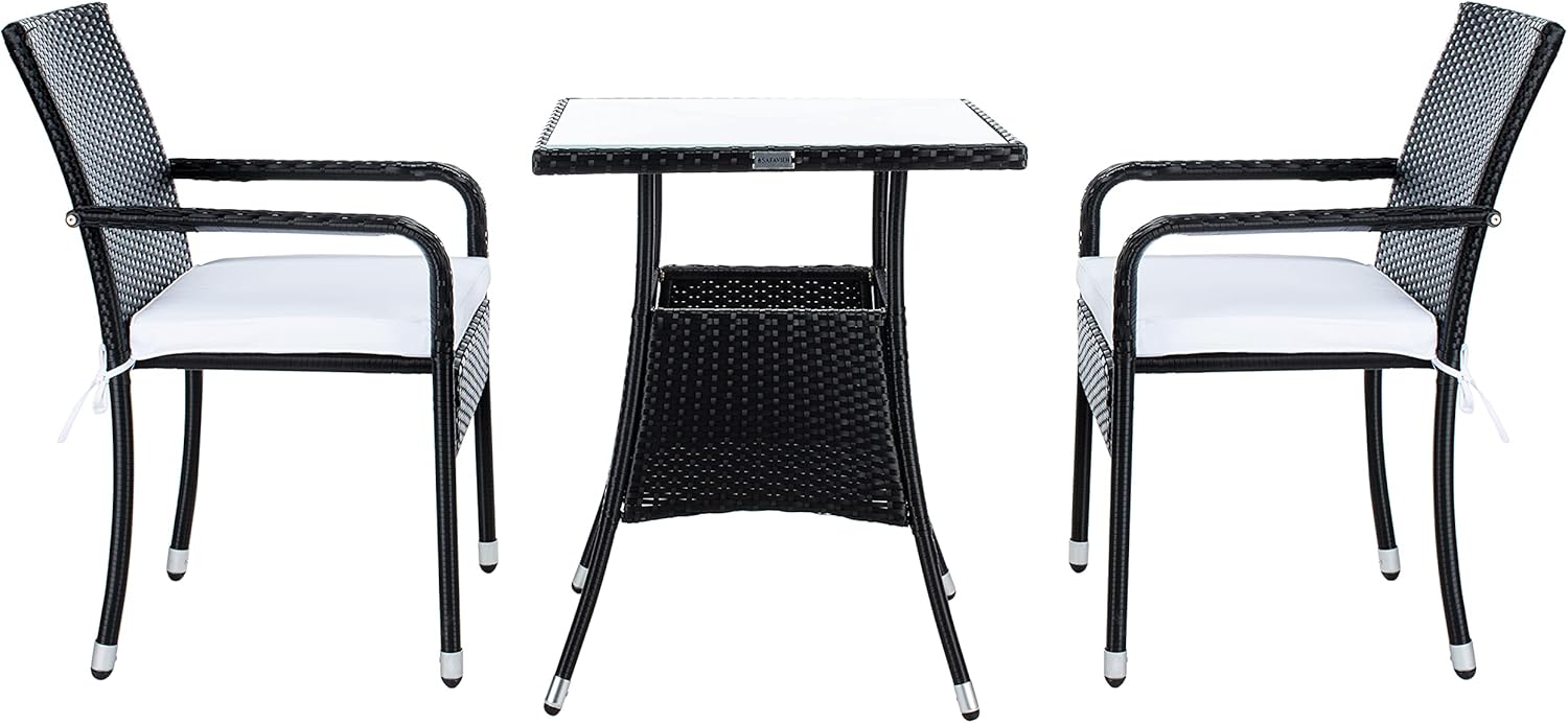 SAFAVIEH Outdoor - Laban 3-Piece Bistro Dining Set - Black & White - Steel Frame & Faux Rattan - Contemporary Glass-Top Bistro Design - Ideal for Patio, Deck, Sunroom, Dining Area (PAT7718A)
